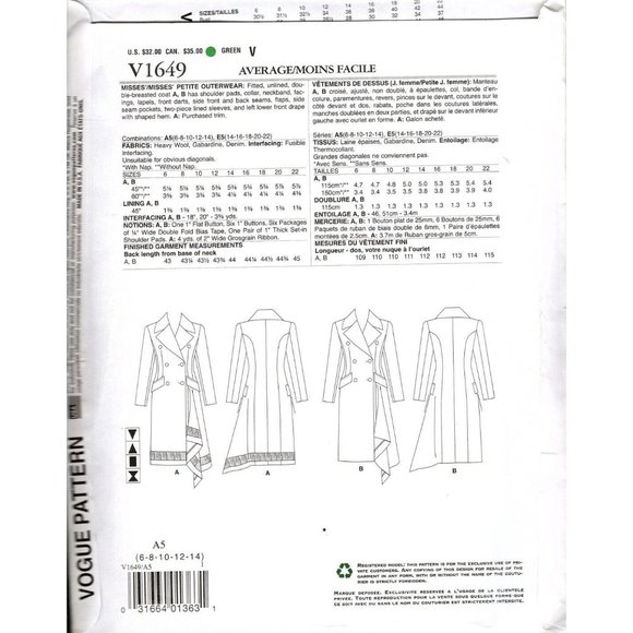 Vogue V1649 Misses 6 to 14 Double Breasted Outerwear Coat Sewing Pattern Petite - Picture 2 of 2